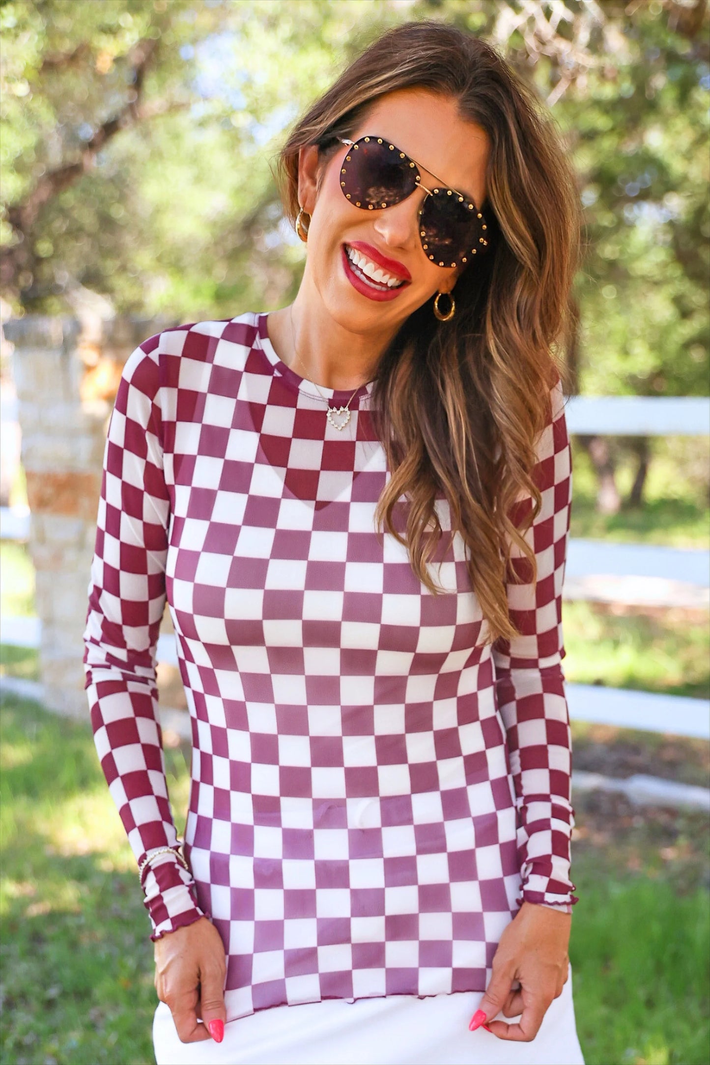 ALYSSA MESH TOP - MAROON CHECKERED