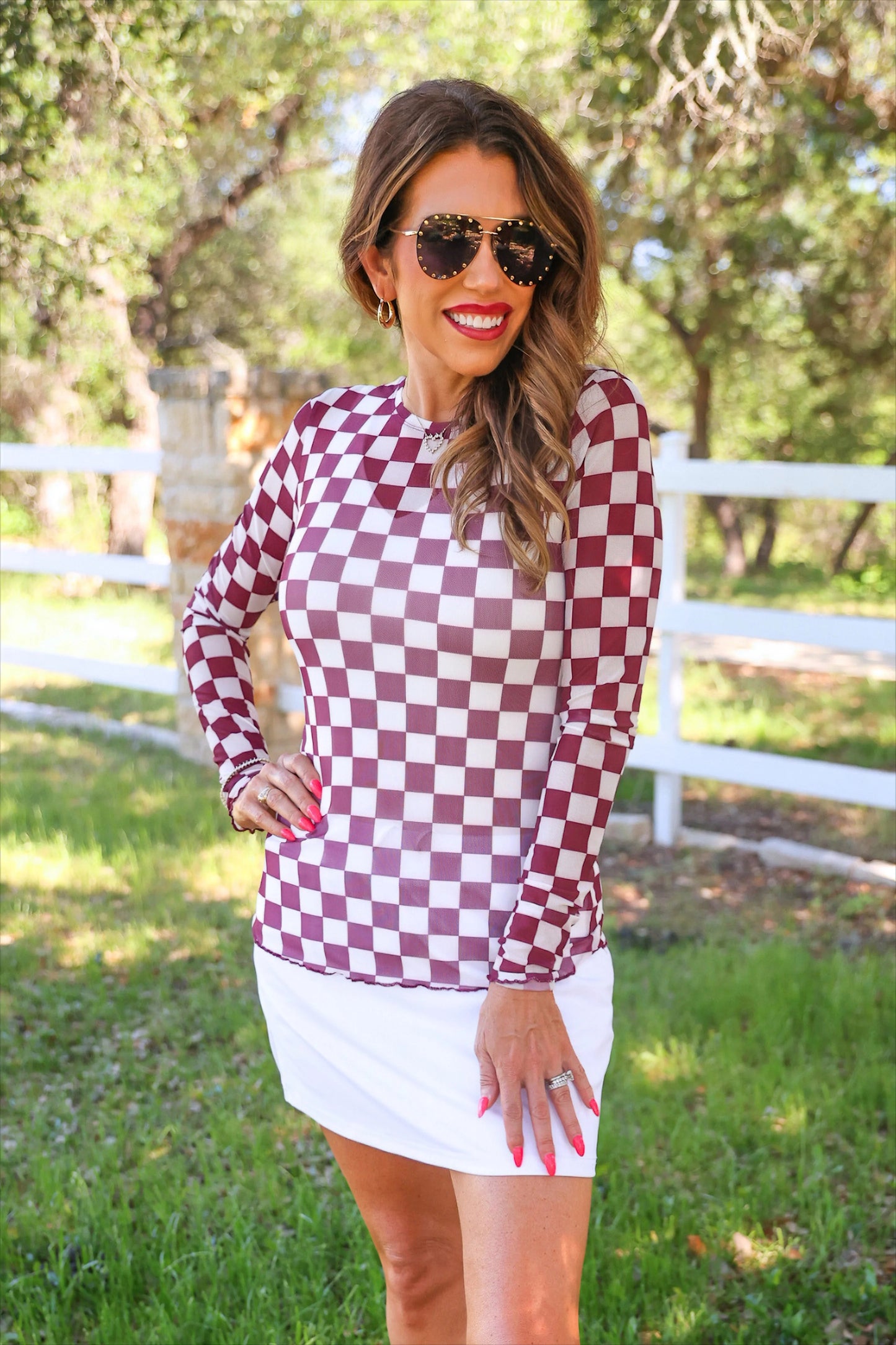 ALYSSA MESH TOP - MAROON CHECKERED