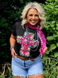 PINK FLORAL CROSS TEE - BLACK