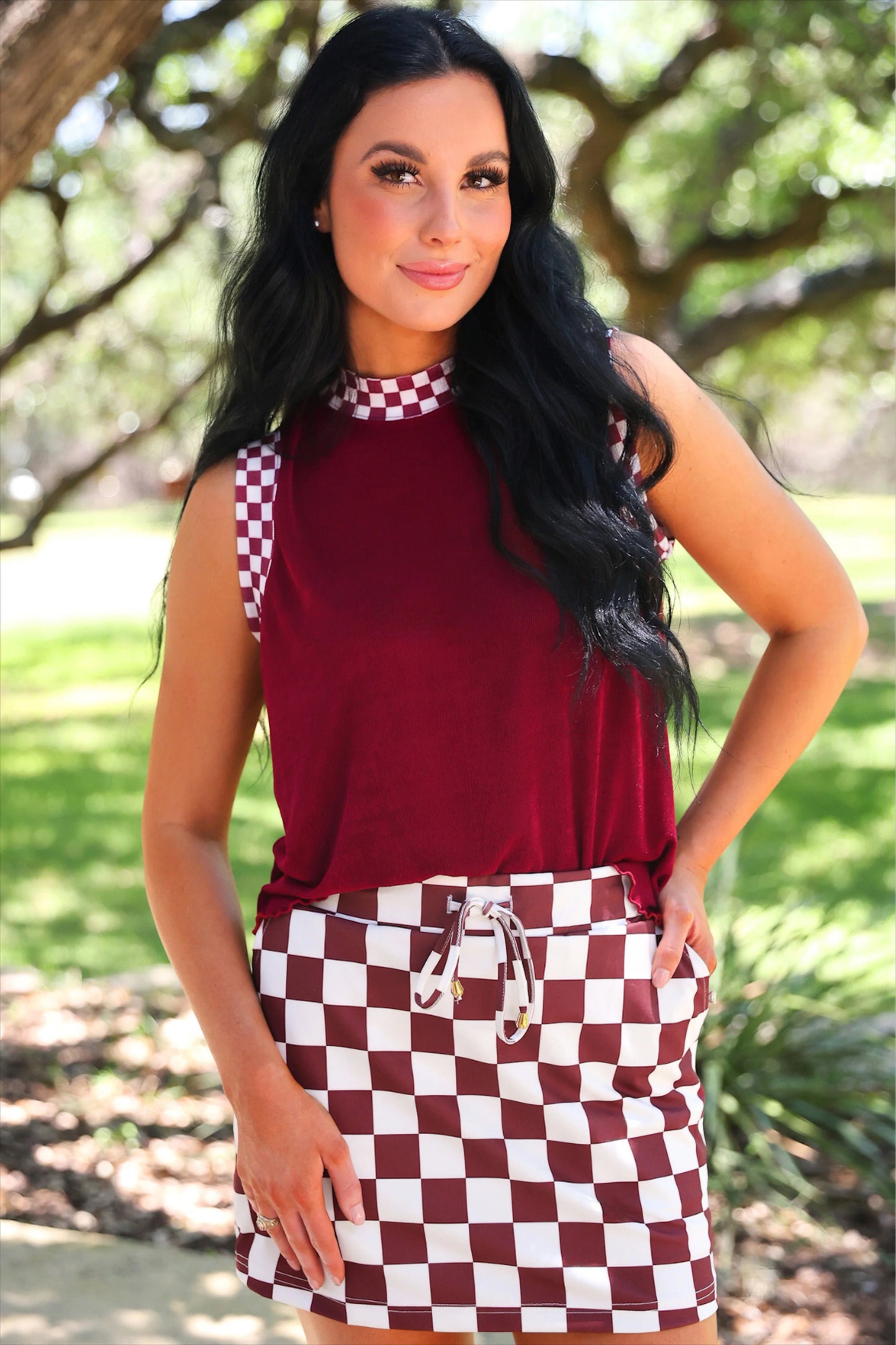 LET'S GO CHECKERED SKORT - MAROON