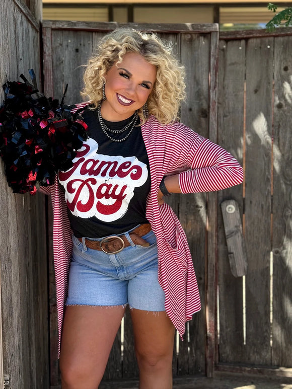 NATALIE RED & WHITE STRIPED CARDIGAN