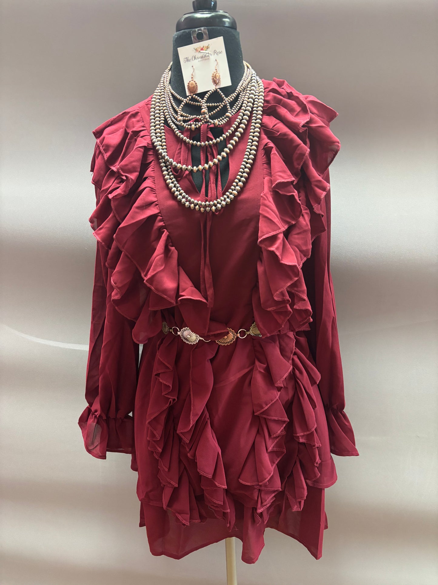 CHERRY RED FLOWY LAYERED RUFFLE CHIFFON LINED DRESS