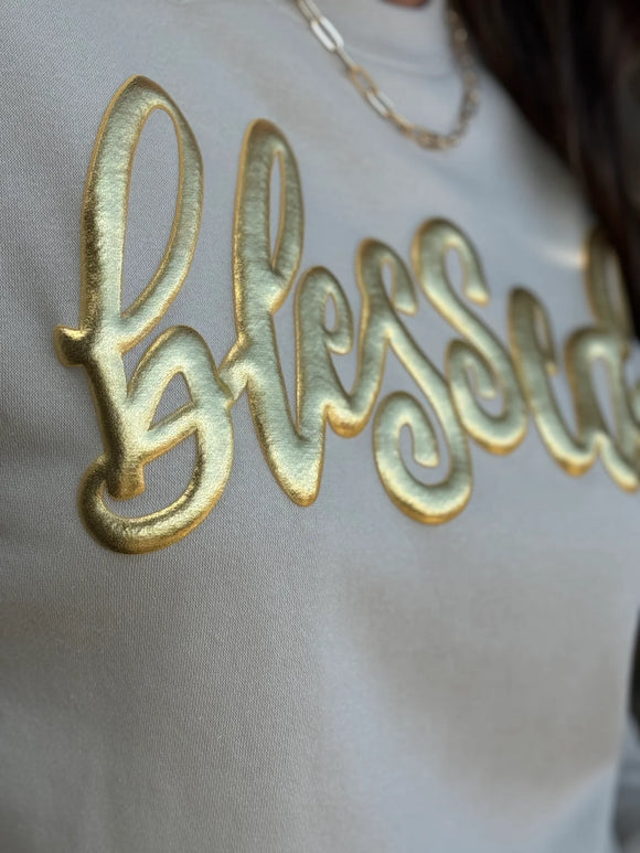 BLESSED IN GOLD METALLIC PUFF SWEATSHIRT - CREAM