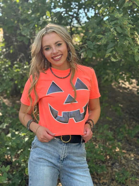 Jack O'Lantern in Black Metallic Puff Tee by Texas True Threads