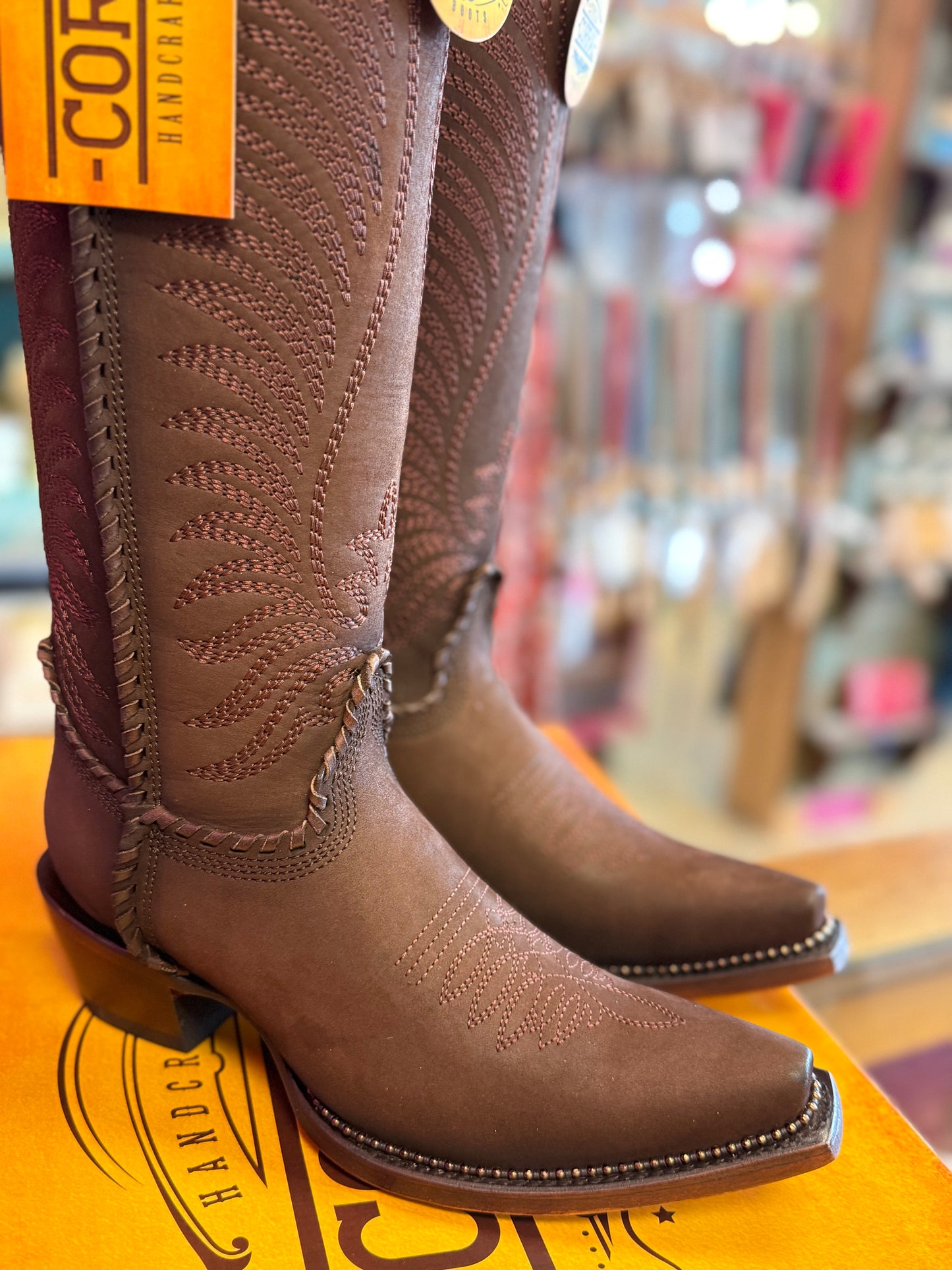CORRAL WOMEN'S BROWN EMBROIDERY & WOVEN METALLIC WELT TALL TOP WESTERN BOOT - A5087
