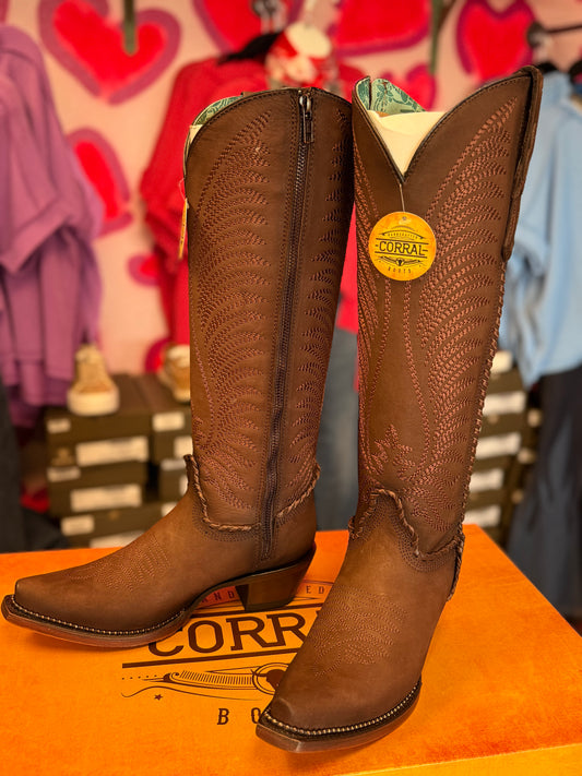 CORRAL WOMEN'S BROWN EMBROIDERY & WOVEN METALLIC WELT TALL TOP WESTERN BOOT - A5087