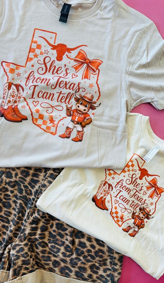 TODDLER AND YOUTH SHE’S FROM UT I CAN TELL CHECKERED TEE - CREAM