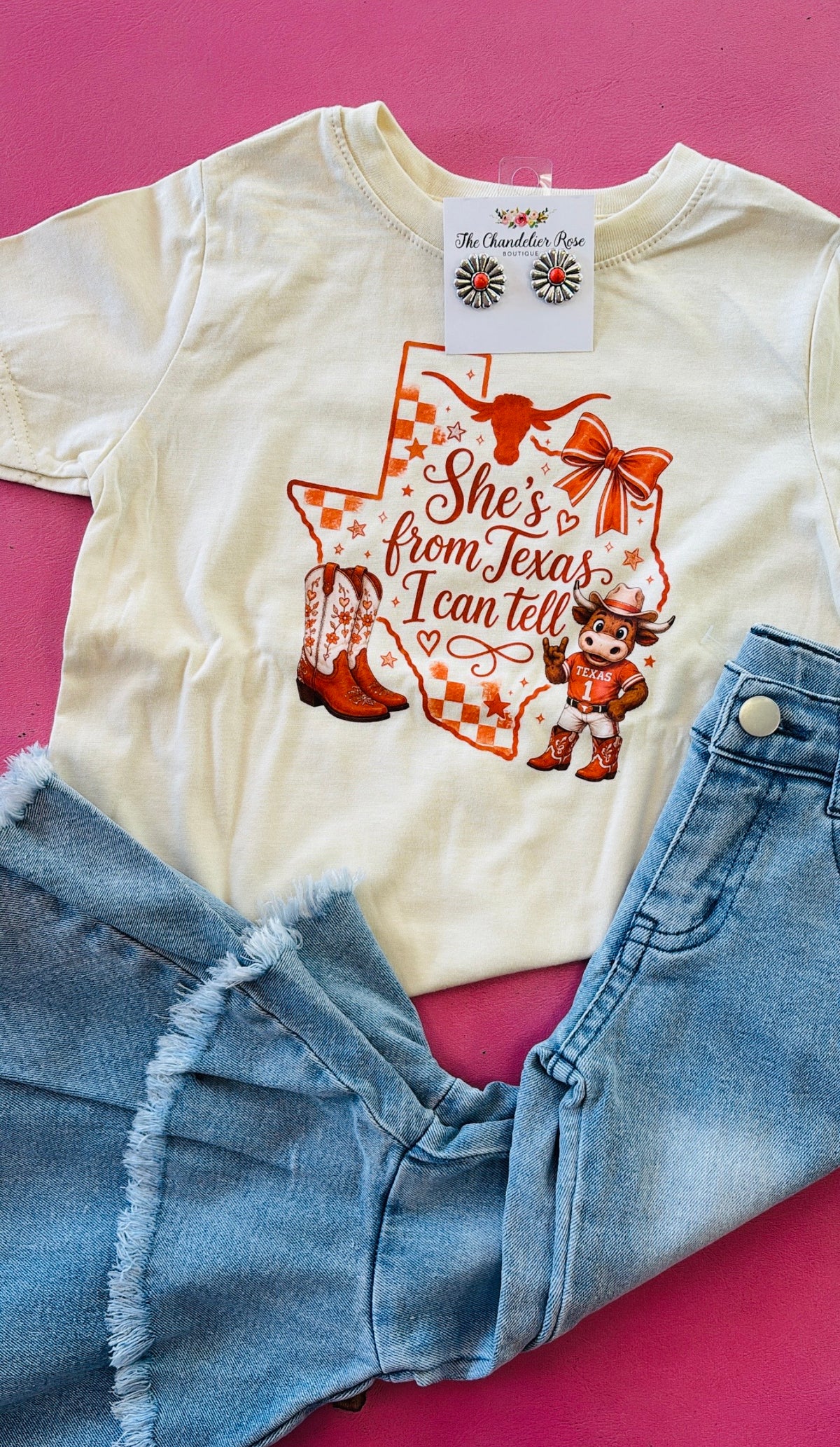 TODDLER AND YOUTH SHE’S FROM UT I CAN TELL CHECKERED TEE - CREAM