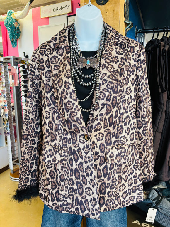 LEOPARD PRINT OPEN BLAZER WITH FUZZY CUFF