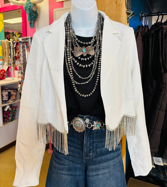 CROPPED RHINESTONE FRINGE BLAZER - IVORY