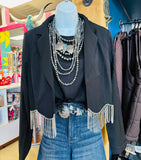 CROPPED RHINESTONE FRINGE BLAZER - BLACK