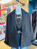BLACK OPEN BLAZER WITH FUZZY CUFF