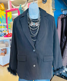 BLACK OPEN BLAZER WITH FUZZY CUFF