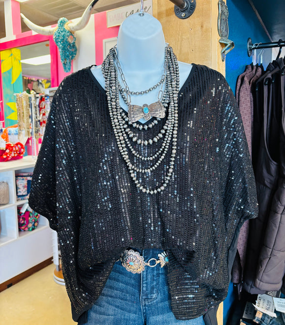BLACK SEQUIN FRONT V NECK TOP