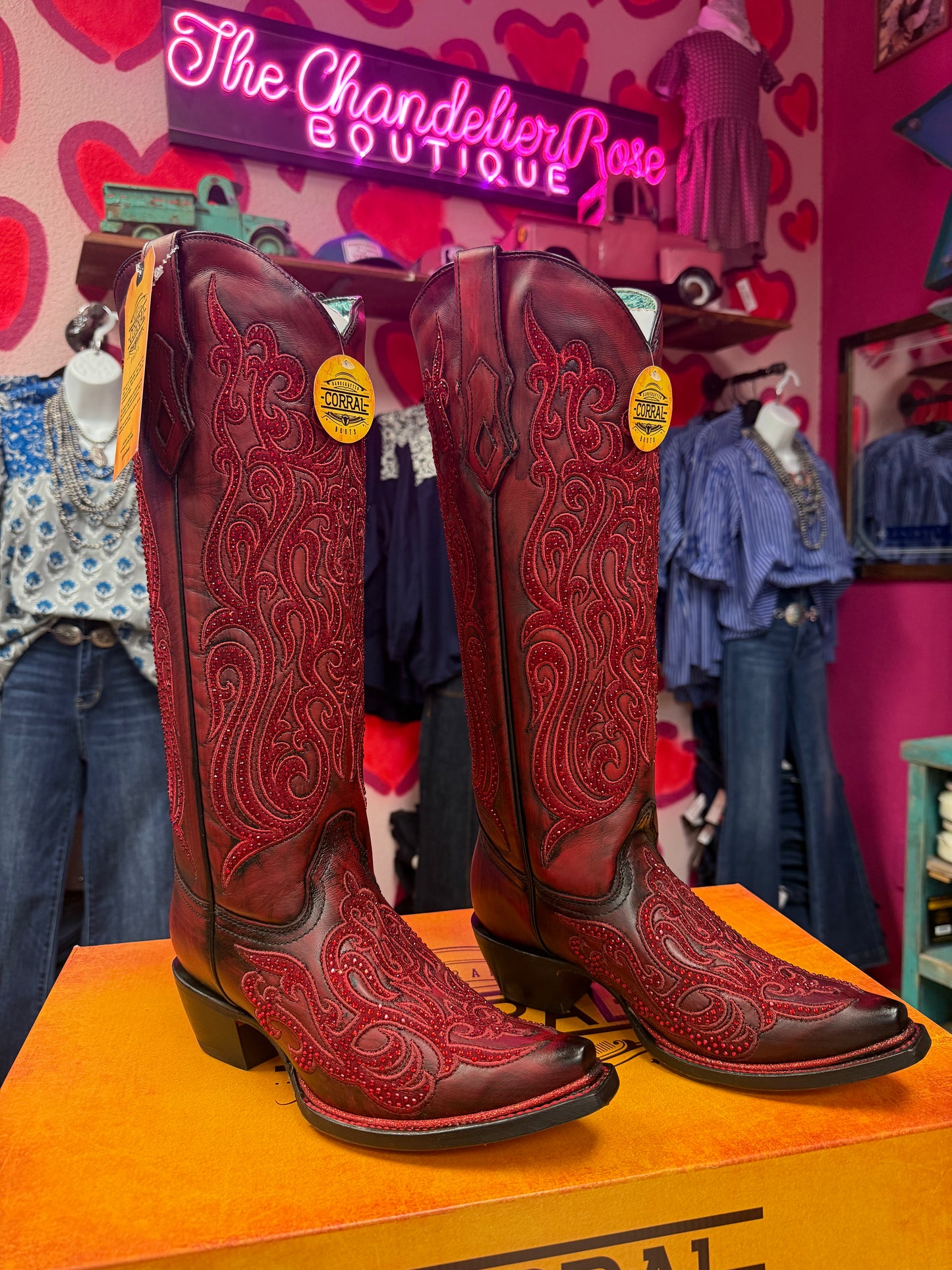 CORRAL WOMEN'S RED SUEDE OVERLAY & CRYSTAL TALL WESTERN BOOT - A4869