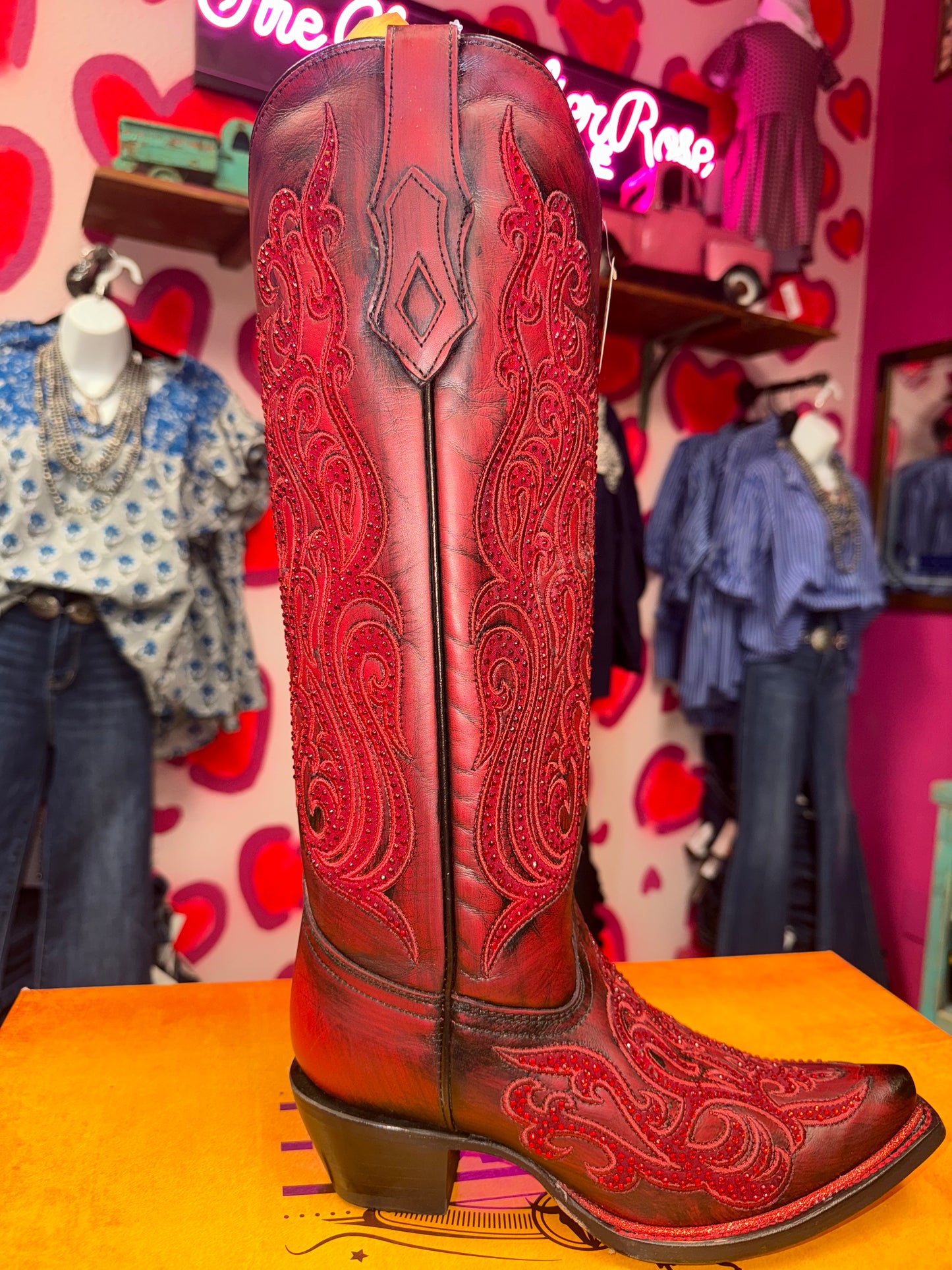 CORRAL WOMEN'S RED SUEDE OVERLAY & CRYSTAL TALL WESTERN BOOT - A4869