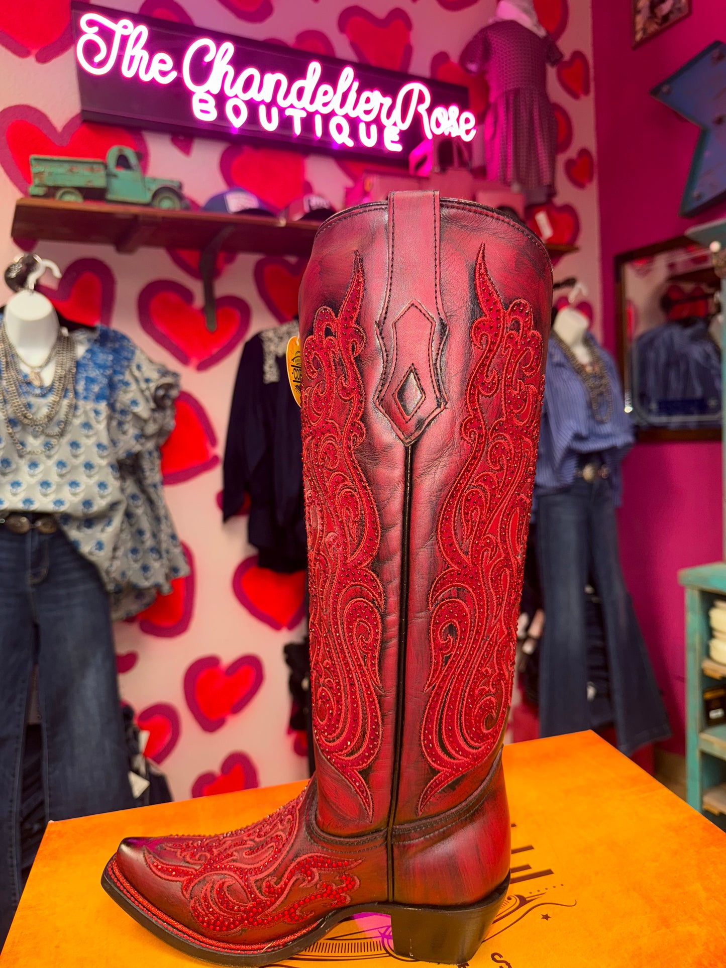 CORRAL WOMEN'S RED SUEDE OVERLAY & CRYSTAL TALL WESTERN BOOT - A4869
