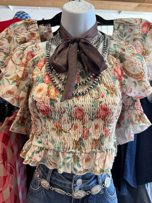 FLORAL PRINTED WESTERN RUDDLE SMOCKED TOP
