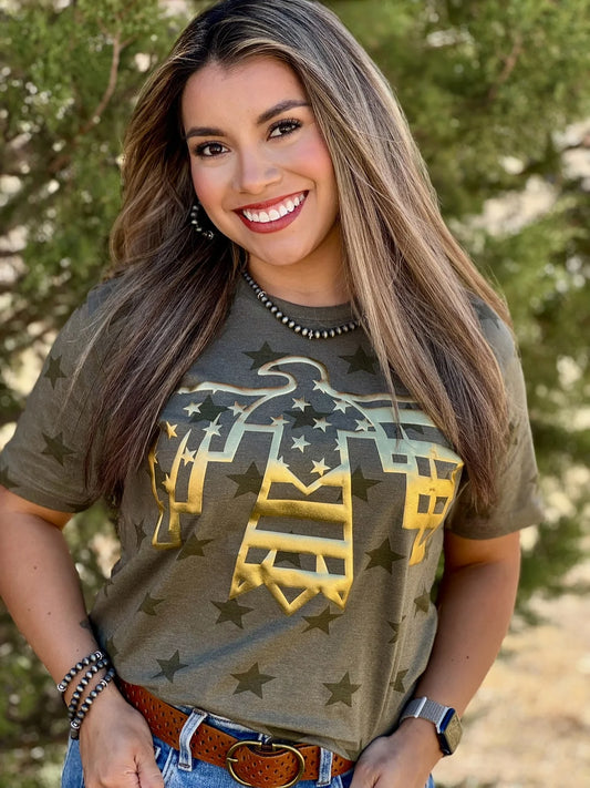 PATRIOTIC THUNDERBIRD GOLD PUFF GREEN STARS TEE