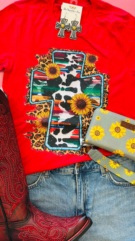 COW PRINT CROSS TEE - RED