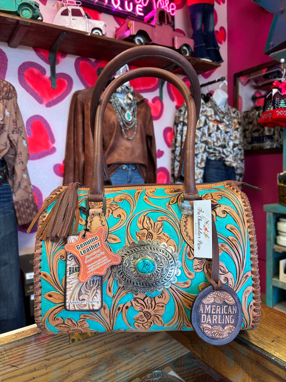 AMERICAN DARLING Tote Hand Tooled Genuine Leather Turquoise Women Bag - ADBGA1045
