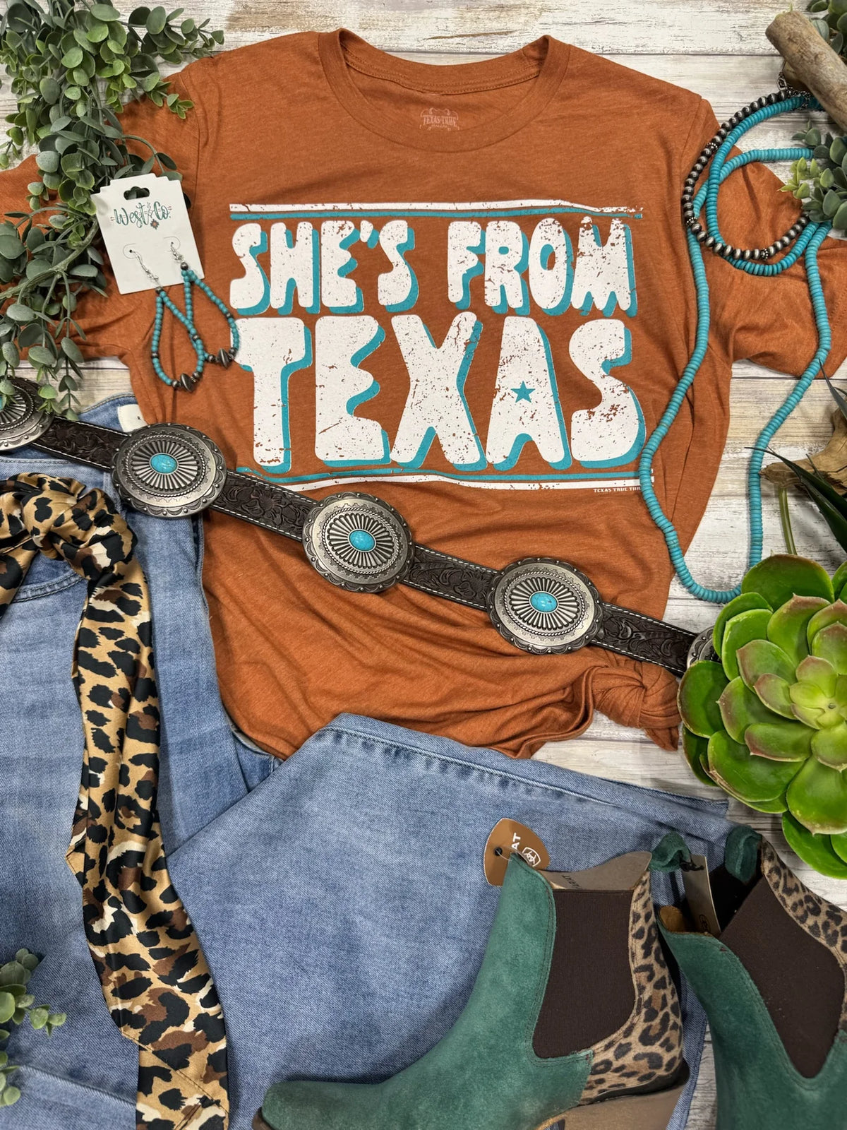 SHE'S FROM TEXAS DIRTY WHITE & TURQUOISE INK TEE - HEATHER AUTUMN