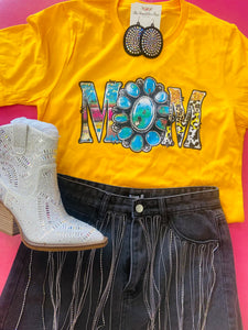 CONCHO, SERAPE AND COWPRINT MOM TEE - GOLD
