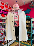 STRIPE RHINESTONE WASHED EXTRA LONG DENIM JACKET - IVORY