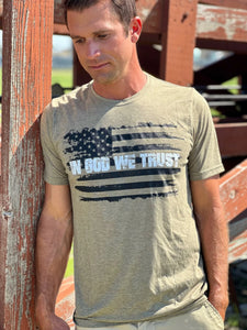 IN GOD WE TRUST AMERICAN FLAG UNISEX TEE - SAGE