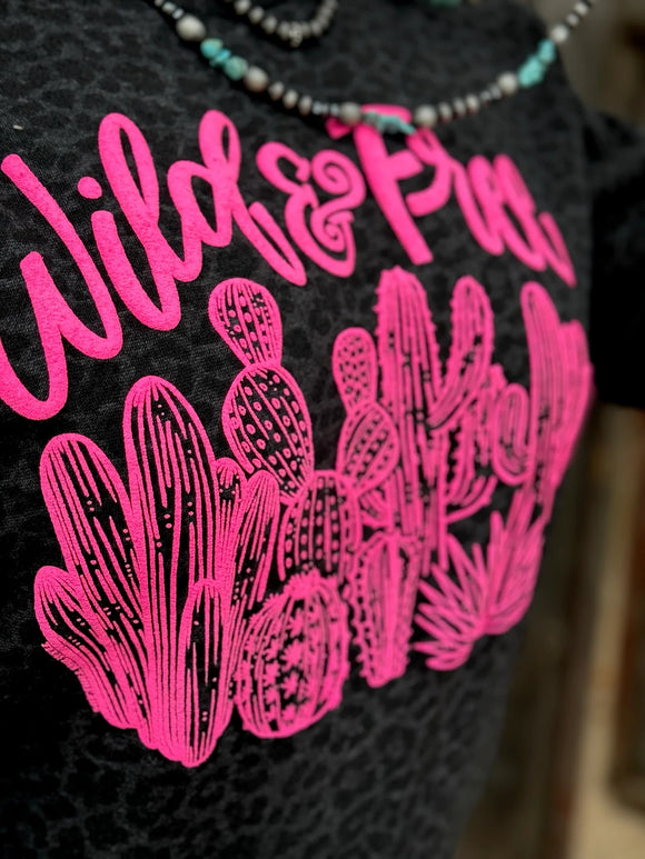 WILD & FREE CACTUS PINK PUFF TEE - BLACK LEOPARD MIX