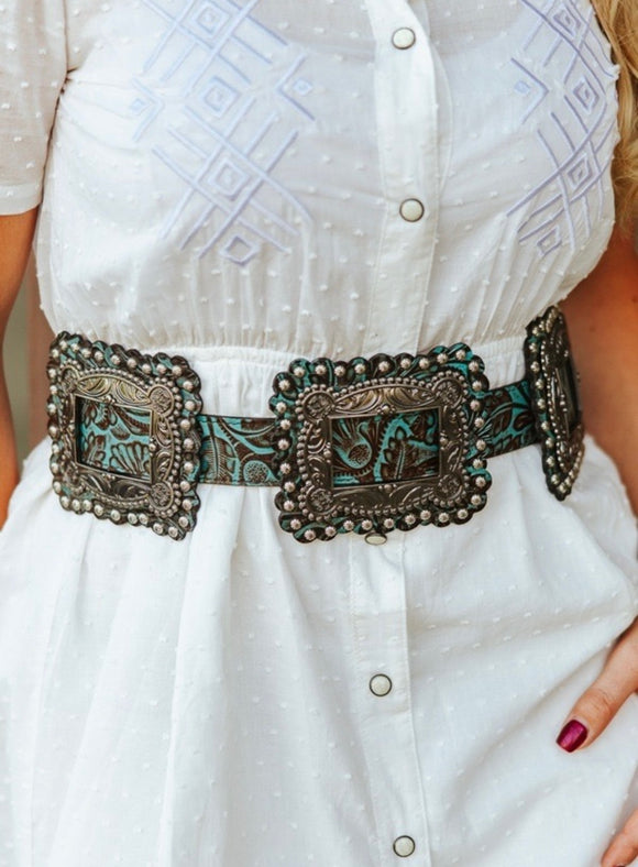 Turquoise Tooled Square Concho Belt