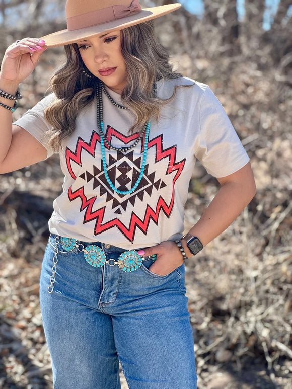 ASHTYN AZTEC CORAL INK TEE - HEATHER DUST