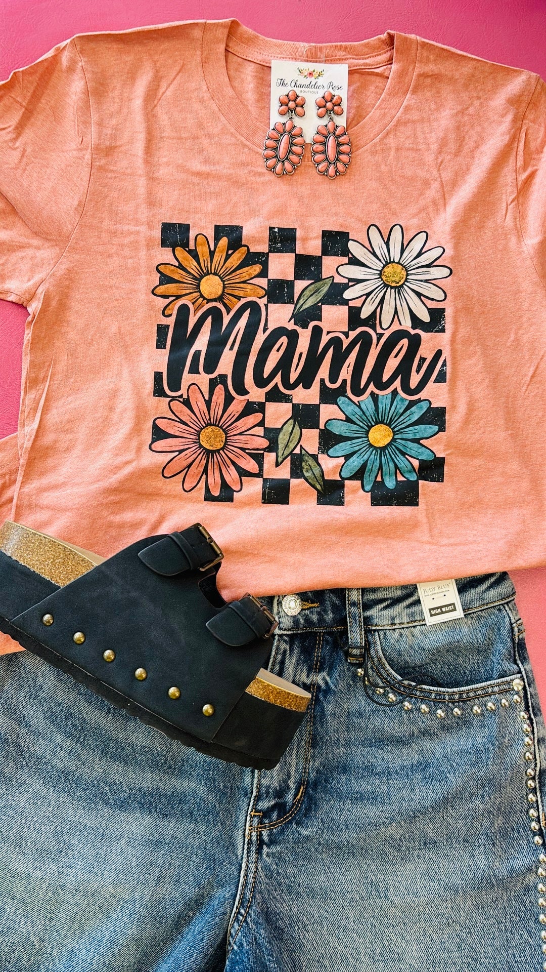 MAMA CHECKERED FLOWERS TEE - HEATHER SUNSET