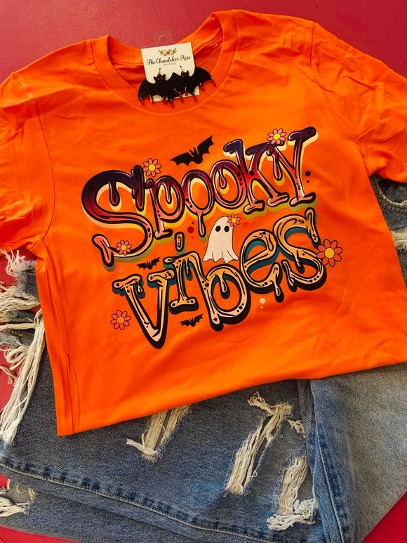 SPOOKY VIBES GHOST AND BATS TEE - ORANGE