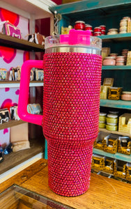 STAINLESS TUMBLER WITH HANDLE - HOT PINK RHINESTONE