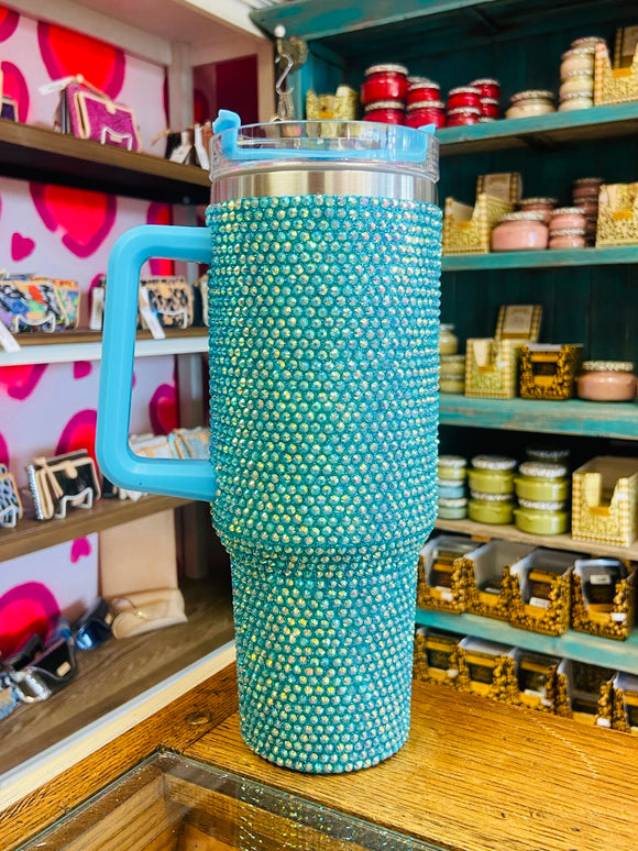 STAINLESS TUMBLER WITH HANDLE - TURQUOISE RHINESTONE
