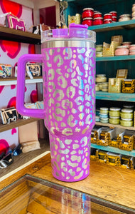STAINLESS 40oz TUMBLER LEOPARD PRINT WITH HANDLE - PURPLE IRIDESCENT