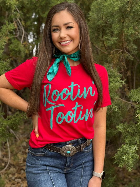 ROOTIN' TOOTIN PINK PUFF TURQUOISE INK TEE