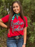ROOTIN' TOOTIN PINK PUFF TURQUOISE INK TEE
