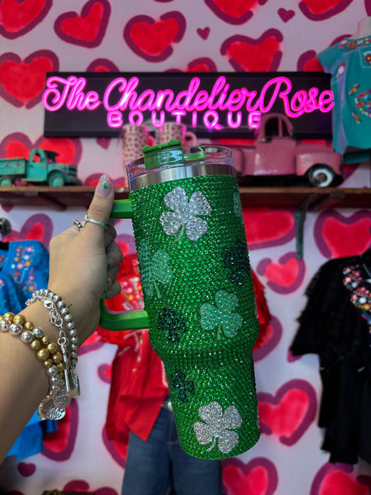 SAINT PATRICKS THEME SHAMROCK GRAPHIC RHINESTONE STAINLESS STEEL DOUBLE WALL TUMBLER