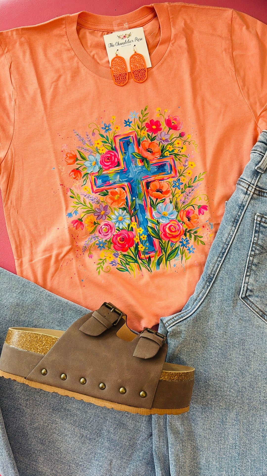 BLUE PASTEL CROSS TEE - PEACH