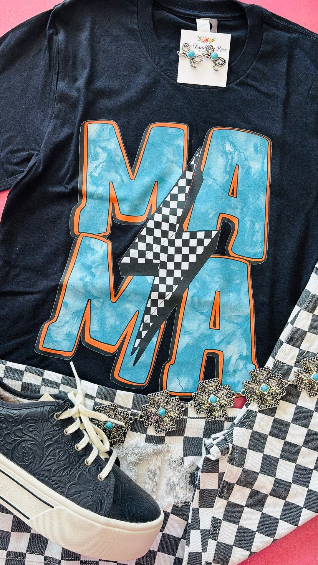 MAMA CHECKERED LIGHTNING BOLT TEE - BLACK