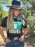 NOT MY FIRST RODEO TEE  WITH TURQUOISE INK - CHARBLACK