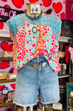OFF THE SHOULDER LEOPARD PRINT EMBROIDERY TOP - MULTI COLOR