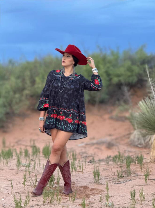 BLACK HORSE FLORAL PRINTED BOHO DRESS