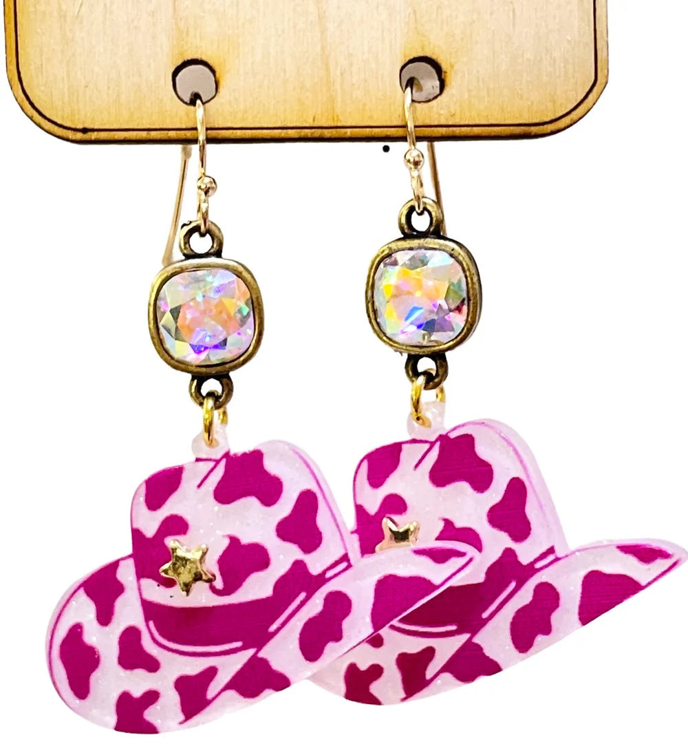 PINK PANACHE COWPRINT STAR HAT WITH CRYSTAL HOOK EARRINGS - E442PK