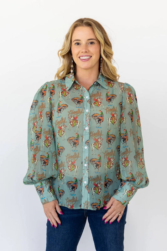TEAL HOWDY WESTERN PRINT BUTTON UP BLOUSE