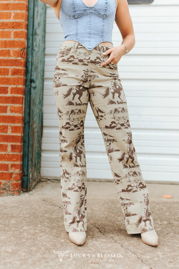 BEIGE BANDANA LASER PRINTED HIGH RISE TROUSER JEANS