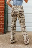 BEIGE BANDANA LASER PRINTED HIGH RISE TROUSER JEANS