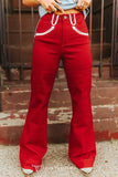 Red Stretch Denim Western Arrow Pocket Detail High Rise Wide Leg Jeans (32in Inseam)